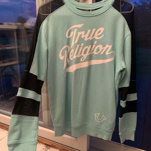 SMALL- True Religion blue sweater. NEVER WORN BEFORE!
